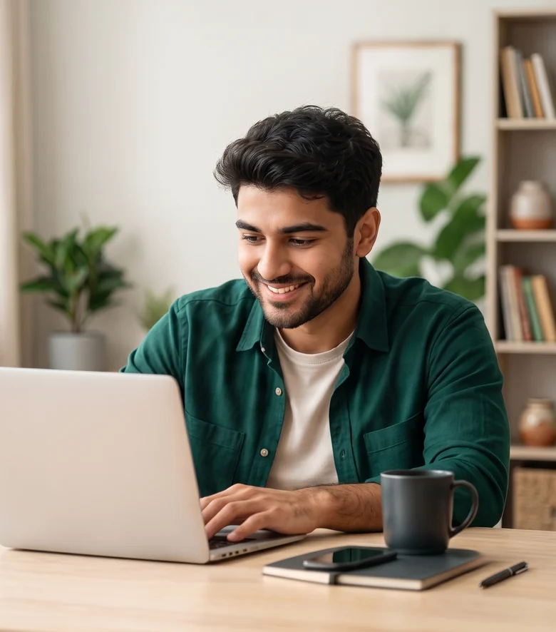 A young investor opening a Demat account on a laptop