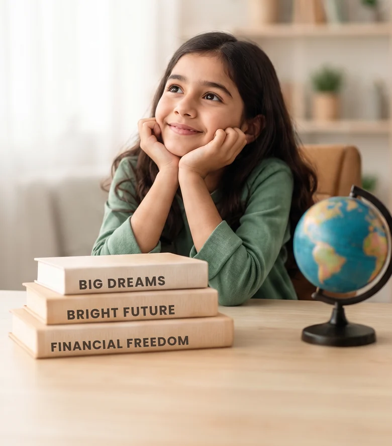 A child beside books labelled Big Dreams, Bright Future, Financial Freedom