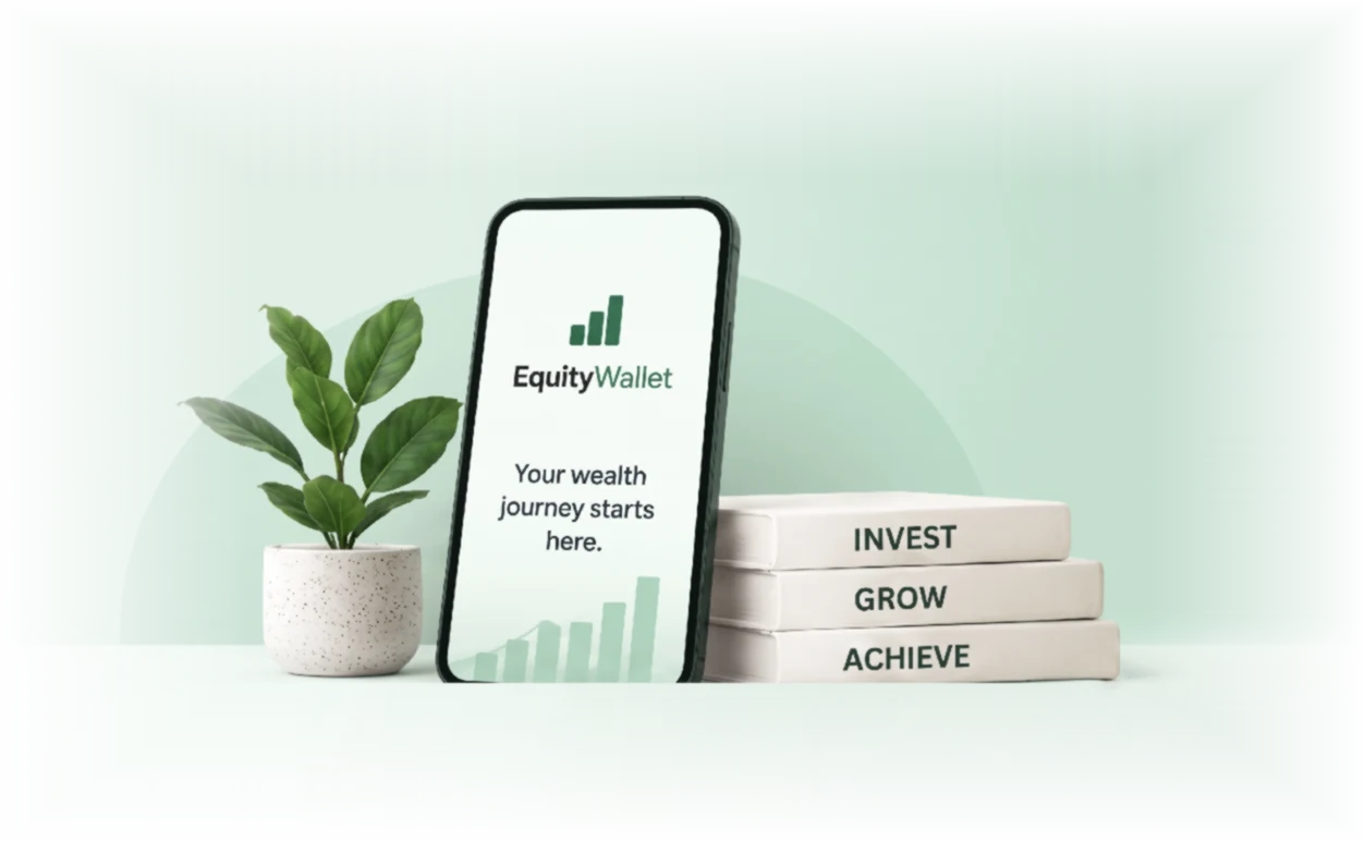 The EquityWallet app beside a plant and a stack of books labelled Invest, Grow, Achieve